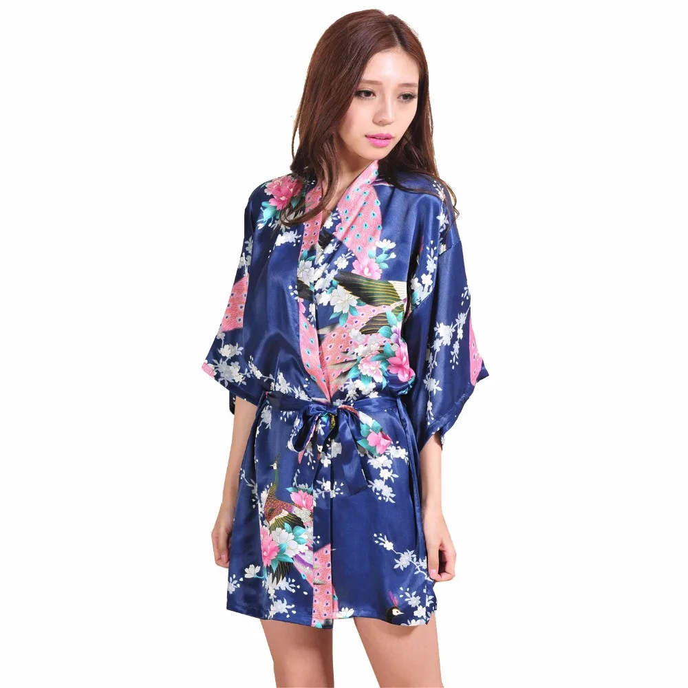 Navy Blue Lady Silk Rayon Sexy Mini Kimono Yukata Dress Chinese Wedding Bridesmaid Robe