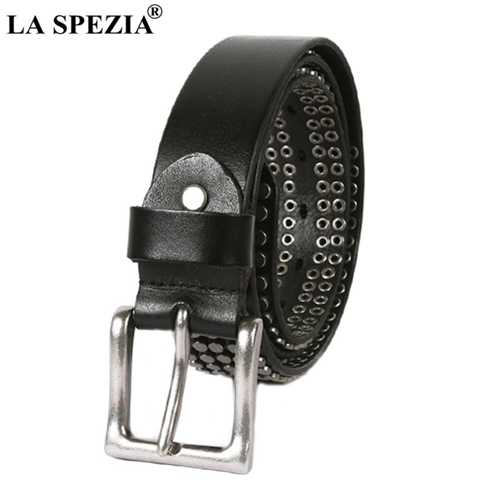 

LA SPEZIA Black Belt Men Rivet Genuine Leather Pin Buckle Belt Male High Quality Real Cow Leather Rock Square Belt For Jeans