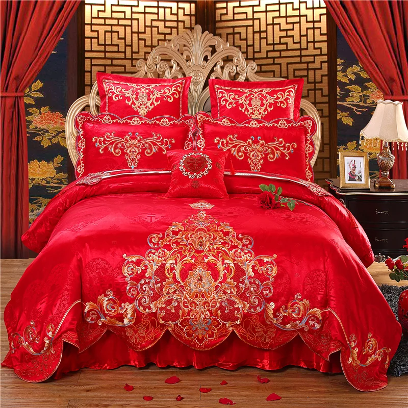 

Luxury Silk Cotton Jacquard Palace Wedding Bedding set Embroidery Duvet Cover Bed Sheet Pillowcases Queen King size 4-12 pcs