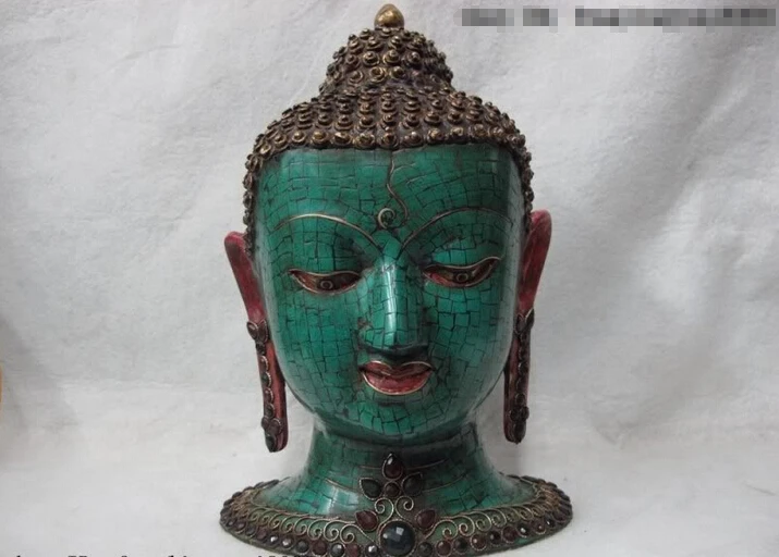 

150401 S0561 Tibet Bronze Painted inlay turquoise ruby beryl gem Sakyamuni Buddha Head Statue