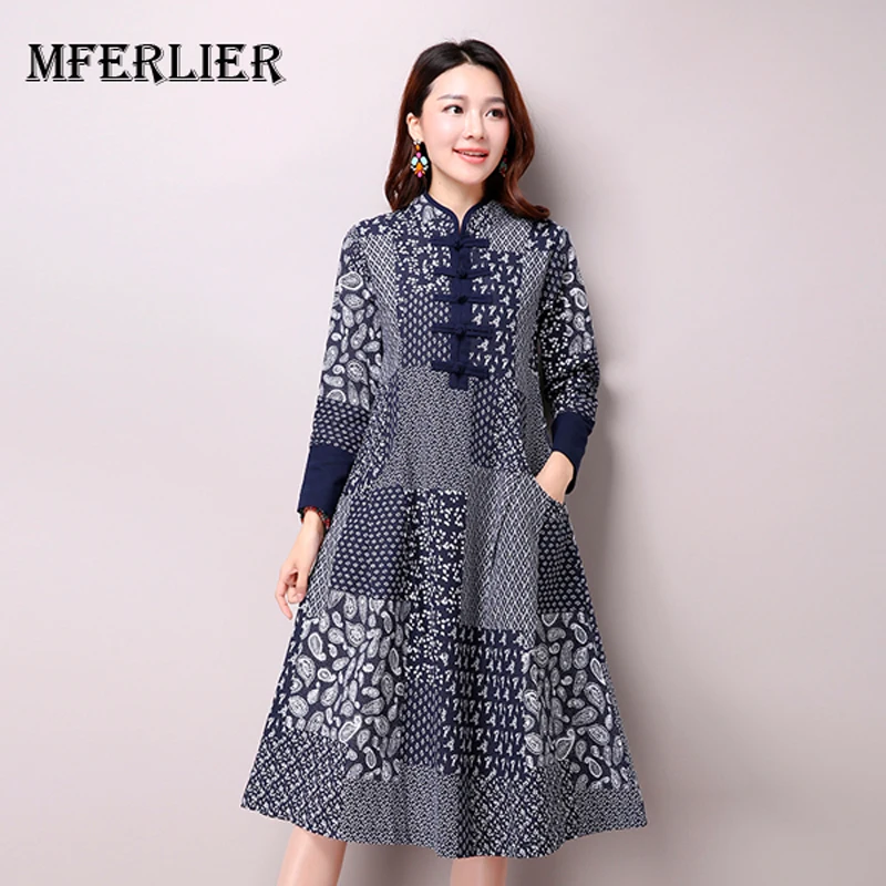 

Autumn Autumn Women's National Wind Casual Long Sleeve Cotton Linen Dress Long Blue Color Floral Print Dresses