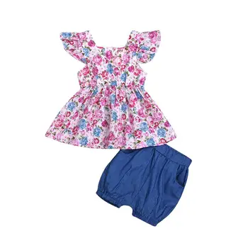 

Kids Baby Girls Cotton Flower Printed Dress + Short Pant 2PC Outfits Fashion Clothes set 5sets/lot