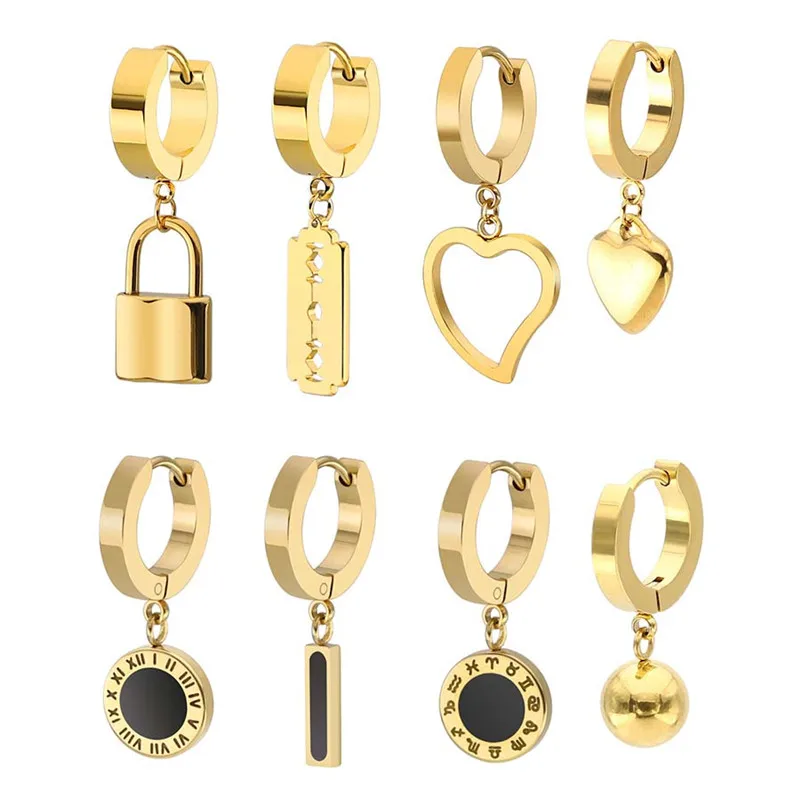 

2pcs Fashion Gold Stainless Steel Rome Number Heart Pendant Earrings for Women Punk Circle Lock Blade Stud Earrings Hiphop