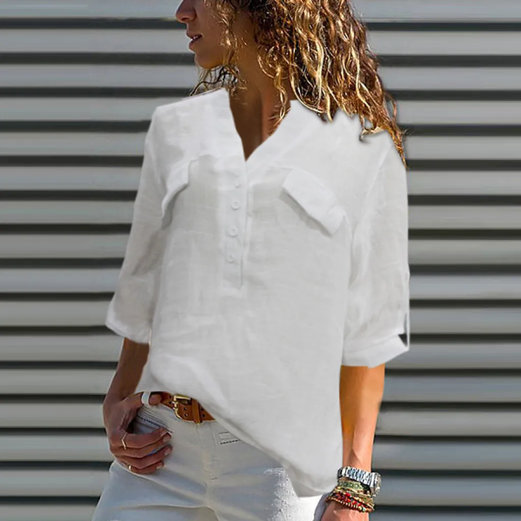 

Feitong Large Size Women Linen Tunic Shirt Women Vintage Half Sleeve Tops V-Neck Button Casual Blouse blusas mujer de moda 2019