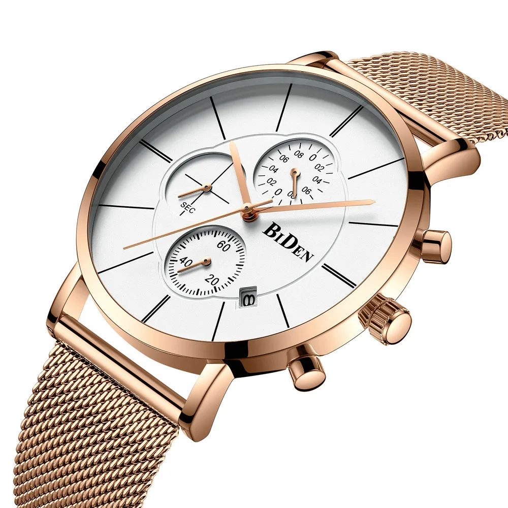 

Fashion Casual Chronograph Men's Business Quartz Watch Auto Date Waterproof Male Wristwatch BIDEN Mesh Steel Men Luxury Watches