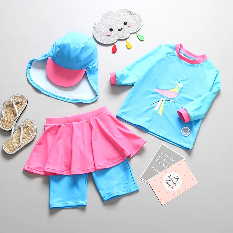 3 шт./компл. одежда для купания для девочек, с принтом «Птицы» синий детский ванный комплект солнцезащитный крем детский купальник для спа пляжное платье, детская одежда для плавания, одежда для плавания