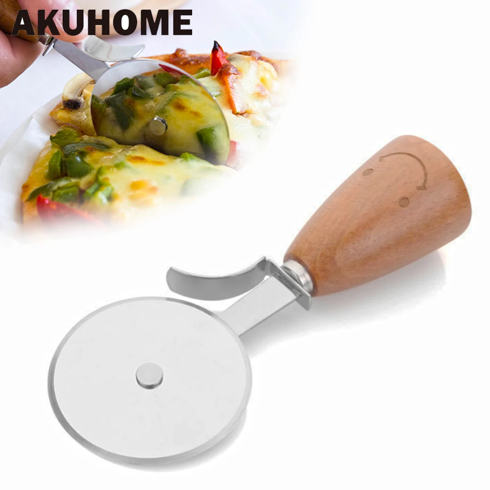 Smiling Face Stainless Steel Pizza Cutter Round Shape Wood Handle Pizza Wheel Pizza Cutter Pizza Knife Kitchen Tools