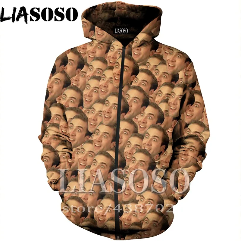 

LIASOSO Fashion hoodies animal anime Sweatshirt Harajuku 3D Print Men 2019 Nicolas Cage women funny Zipper Jacket Hoodies E243