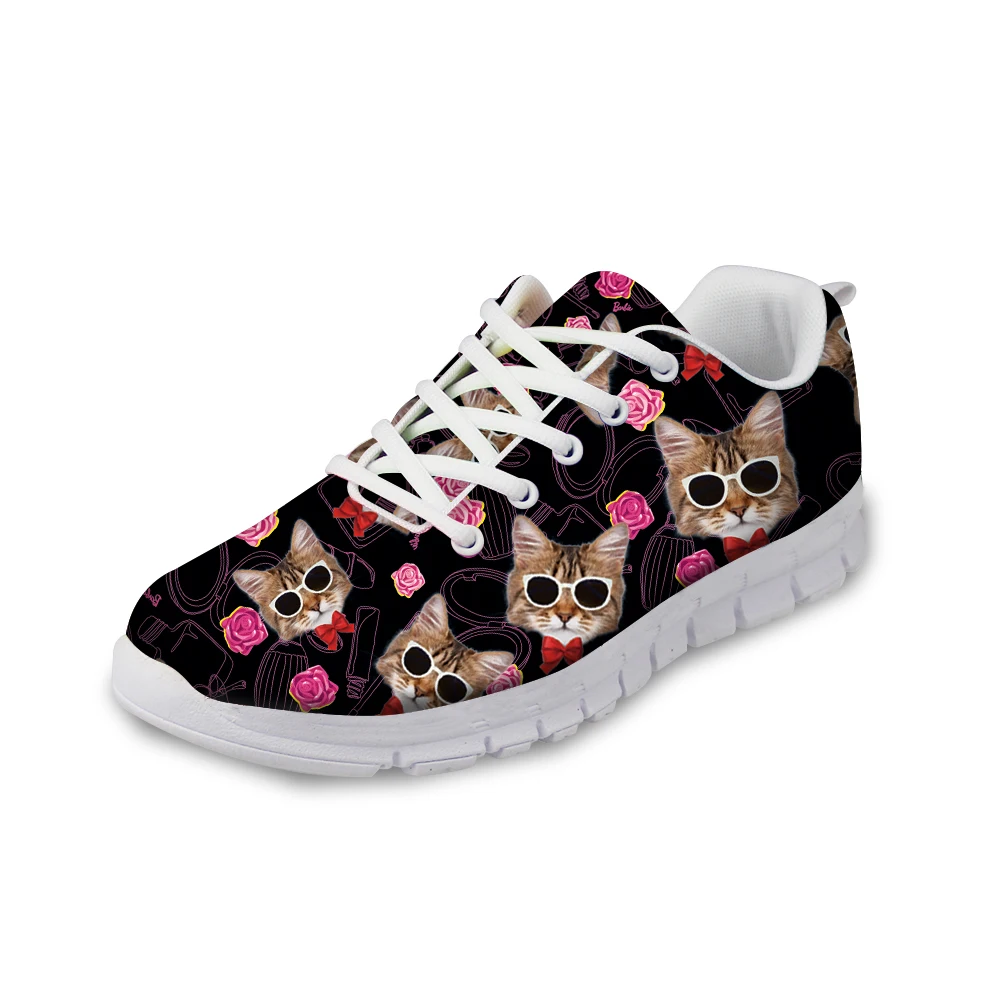 ThiKin Retro Cat Floral Women Casual Sneakers Customized 3D Printing Pet Breathable Lace Up Flat Shoes Ladies Mesh Footwear | Обувь
