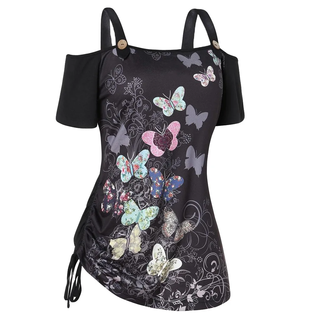 

Lady's Vintage Spring Summer Women's Tops Plus Size Cold Shoulder Butterfly Button Drawstring Blouse