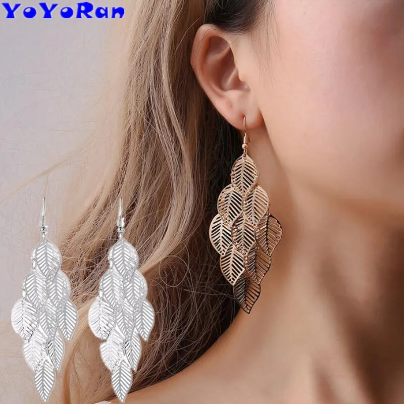 

1 pair Bohemia Hollow out tassel leaf drop earrings for woman gold silver metal openwork leaves sheet long earring jewelry gift
