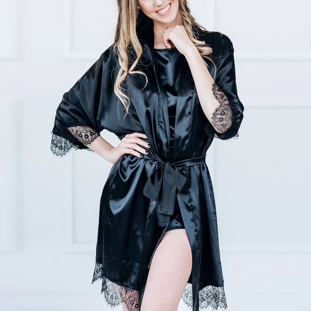 

New Women Sexy Black Satin Kimono Robe Lace Bathrobe Lingerie Sleepwear Pajamas dressing gown peignoir femme bridesmaid robes