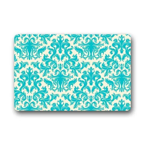 Door Mat Teal Turquoise Classic Damask Pattern Vintage French Floral