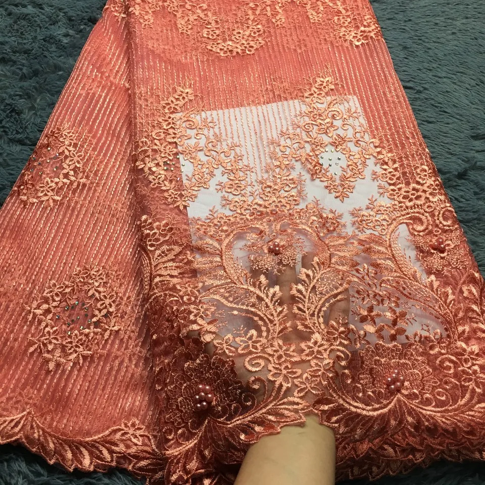 

Peach African Lace Fabric 2018 Embroidered Nigerian Beaded Laces Fabric High Quality French Tulle Lace Fabric For Women M22881