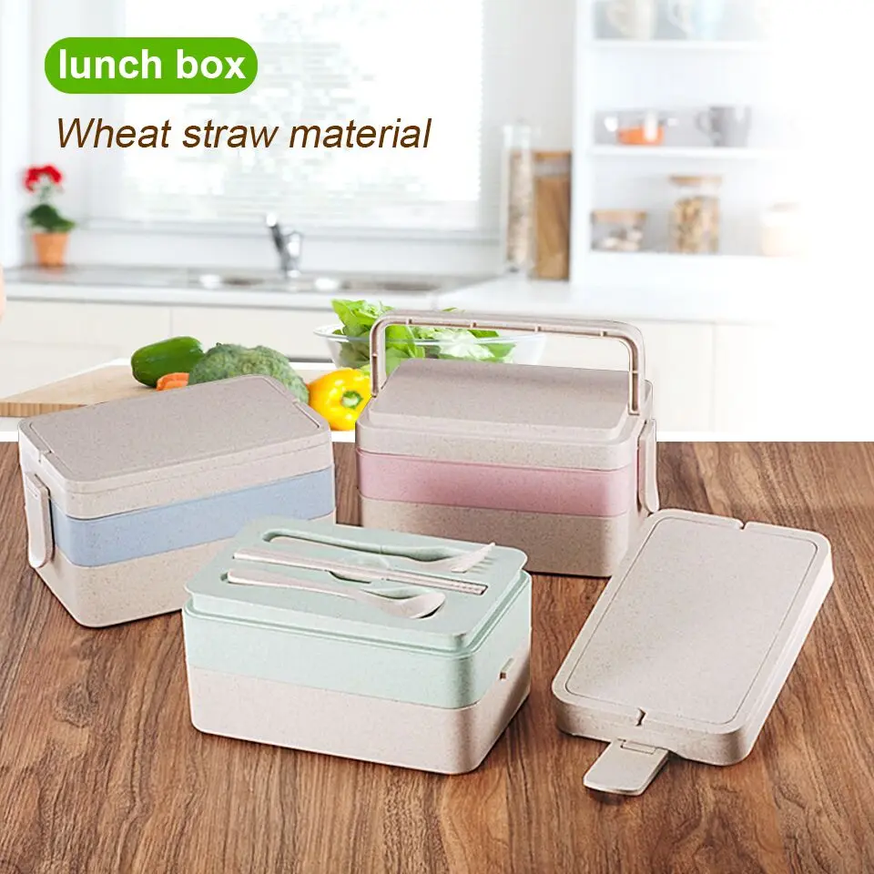 

Lunch Box Wheat Straw 3-Layer Handle Spoon Fork Eco Friendly Healthy Unbreakable Dinner Tableware Dishes Picnic Food Storage