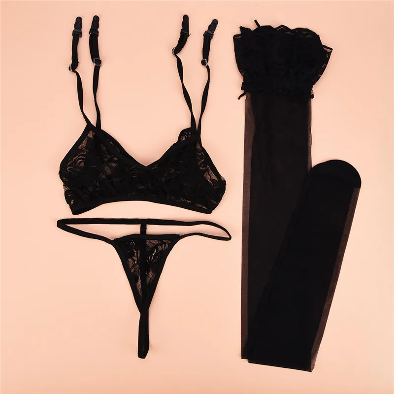 Sexy Women Suspenders Garter Belt+G String+Stockings Lingerie Set Erotic Floral Sheer Lace Garters Thigh High Erotic Lingerie 21
