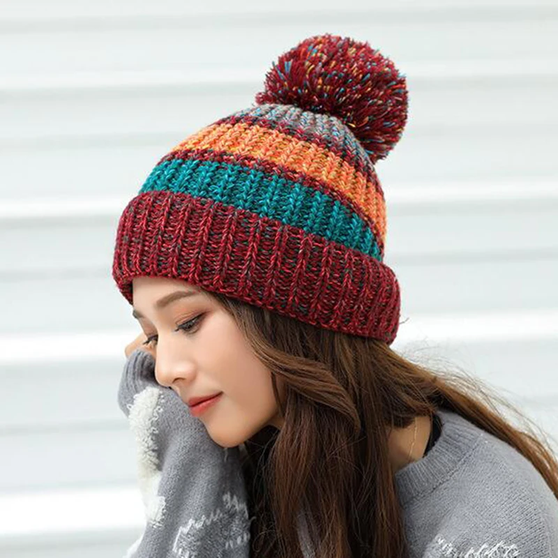 

New Winter Hat For Women Ski Women's Cap Rainbow Colorful Wool Knitted Hat With Pompoms Female Warm Hat Skullies Beanies