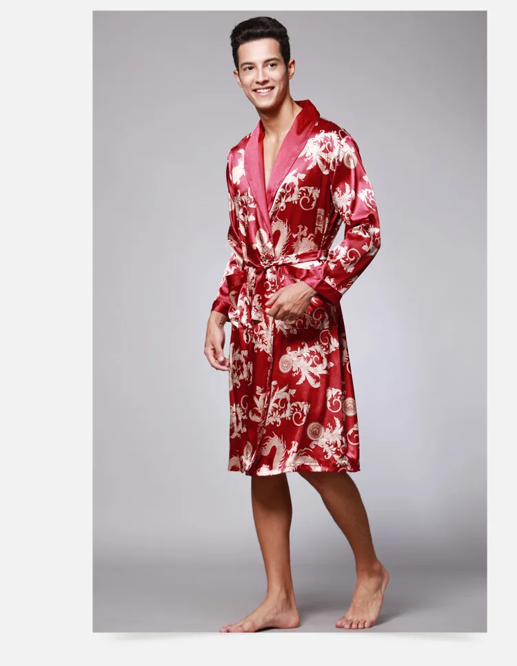 Осень-зима Весна Для мужчин шелковый атлас Roupao печати ночной халат с длинным рукавом халат для отдыха кимоно Homme Fashion банный Халат