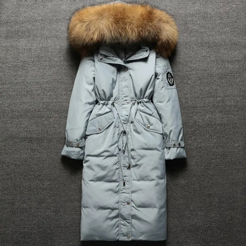 Зимнее модное Брендовое пальто хорошего качества с большим натуральным меховым воротником на утином пуху, женские теплые пуховики на молнии с капюшоном