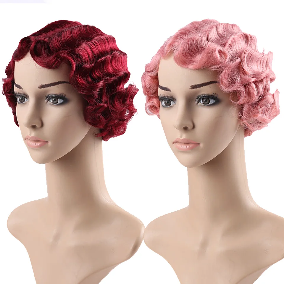 AOSI pelo sintético corto rizado resistente al calor ondas de dedo pelucas para mujeres africanas americanas Cosplay peluca