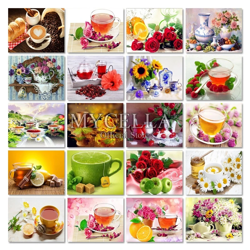 

Cup Diy Diamond Painting Coffee Cake Flowers Home Decoration 5d Diamond Embroidery Needlework Full Diamond Mosaic Wall Stickers
