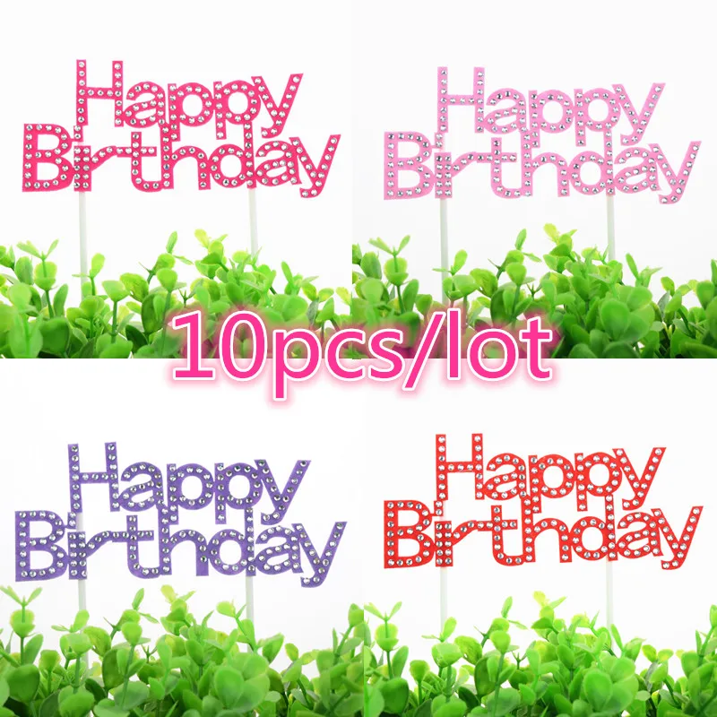 10pcs/lot Crystal Happy Birthday Cake Topper Flags Non-Wovens Pink Fushia Purple Red For Birthday Party Cake Baking Decor Flags
