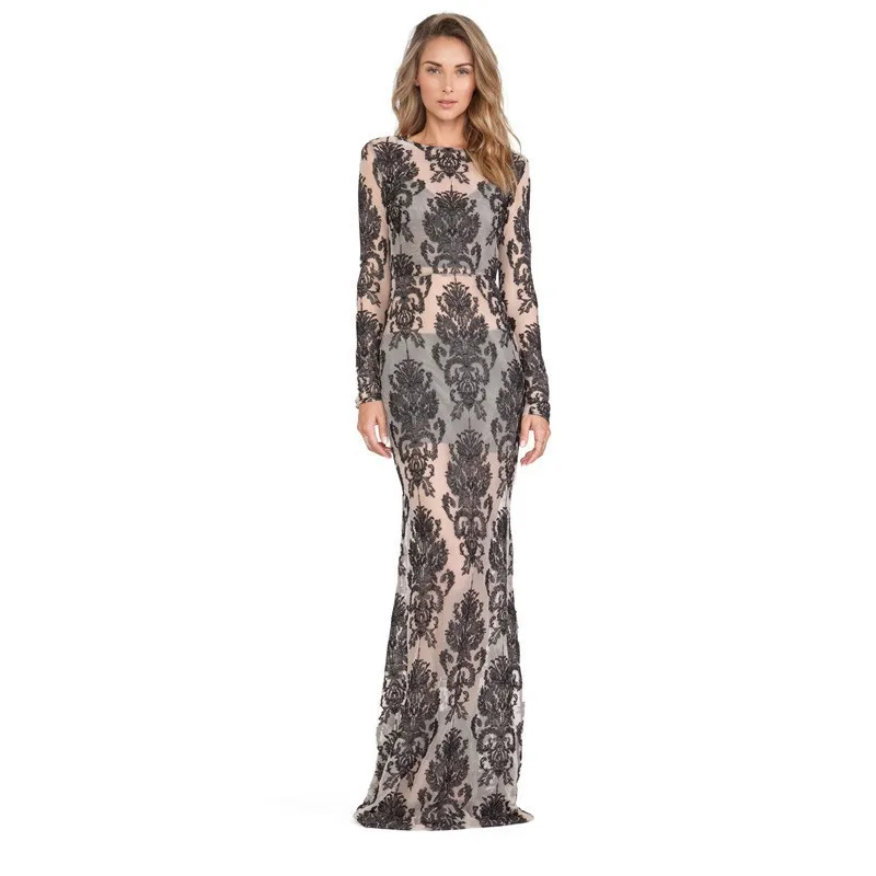 

Newest! Sexy Transparent Chiffon Floor Length Maxi Dress Backless Long Sleeve Evening Elegant Dresses Summer Autumn Casual Dress