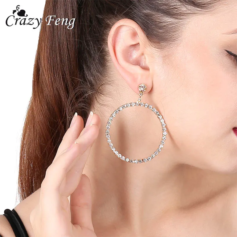 

Simple Korean Fashion Gold Color Big Earrings for Women Rhinestone Round Hanging Earrings Wedding Statement Jewelry Ear Rings