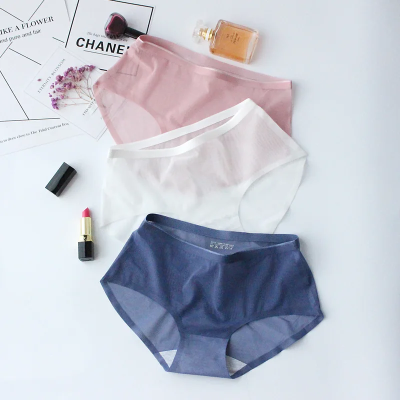 

Rubick Women's Seamless Triangular Pants Female Mesh Yarn Transparent Mid Waist Pure Cotton Crotch Sexy Ladies Underwear