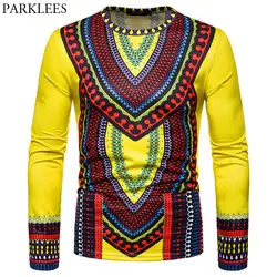 Африканский Dashiki печати Футболка Для мужчин Для женщин хип-хоп с длинным рукавом Футболка Homme 2018 осенью новый традиционный Дашики Макси Для