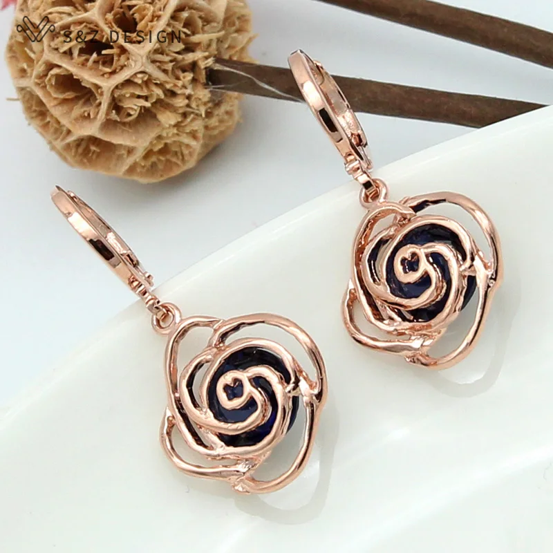 S&Z Spring New 6 Color Rose Flower 585 Rose Gold Cubic Zircon Earrings Korean For Women Fashion Fine Cute Jewelry