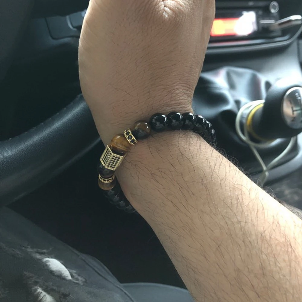 XQNI Matte Onyx Stone&Tiger Eye Combination Stitching with Cubic Zircon Hand Jewelry Beads Bracelet Elastic Stretch Men Bracelet bracelet jewelry
