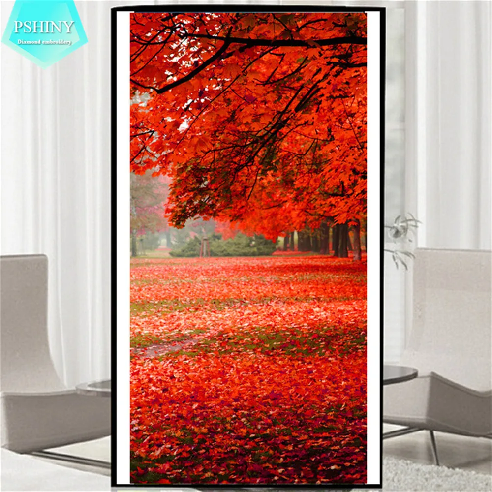 

PSHINY 5D DIY Diamond embroidery red maple landscape backdrop pictures Home Decor Full Resin round rhinestone diamond Painting