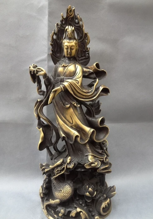 

17" Chinese Bronze Cloud GuanYin Pot Kwan-Yin Bodhisattva Ride Dragon Statue