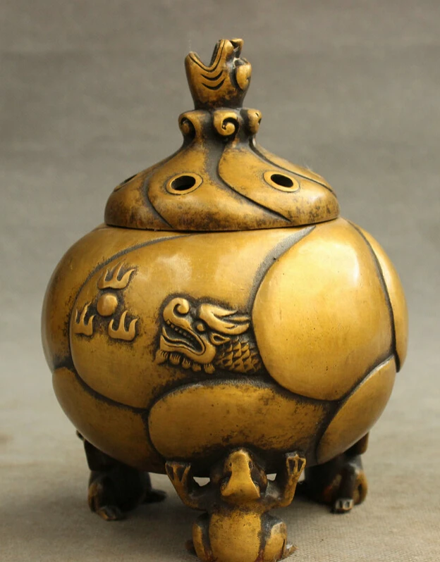 

song voge gem S4449 Folk Chinese Bronze Buddhism Dragon Head Ball Statue Frog Incense Burenr Censer