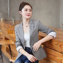 ^#Cheap 2019 Korean Spring Autumn New Chic Office Lady Casual Houndstooth Plaid Blazer Jacket Gray Plus Size ^#Cheap 2019 Korean Spring Autumn New Chic Office Lady Casual Houndstooth Plaid Blazer Jacket Gray Plus Size