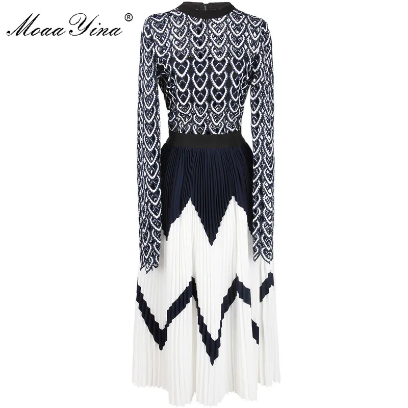 

MoaaYina 2018 Fashion Designer Runway Midi Dress Summer Women Long sleeve Heart Hollow Out Patchwork Pleated Casual Dress
