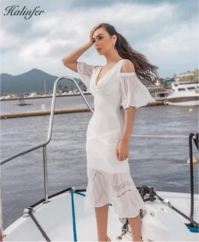 

Halinfer2019 Elegant Dress High Quality White v-neck Bodycon Maxi Celebrity Wedding Cocktail Party Dress Vestidos Drop Shipping