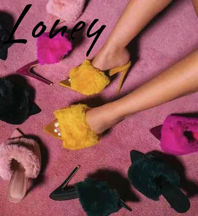 

Loney New Rabbit Fur Summer Sandals Pointed Open Toe Slip On HIgh Heels Mules Shoes Women