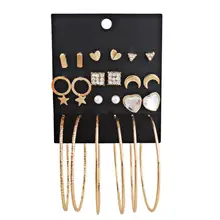 Новинка, модные серьги-гвоздики, набор, микс для женщин, золотой цвет, геометрический кристалл, сердце, треугольник, звезда, луна, большой круглый круг, Brincos