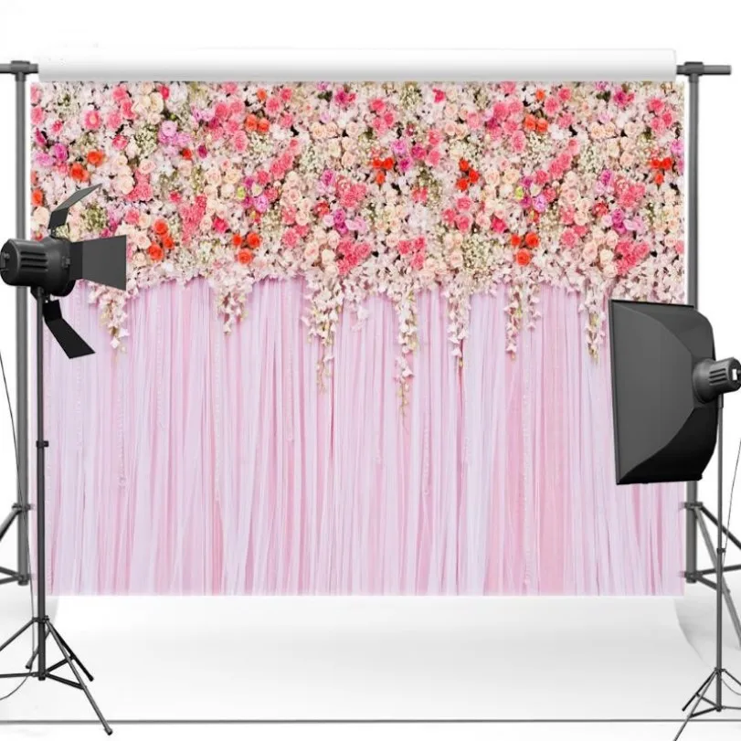 3D Pink Flower Leaves Curtain backdrops polyester or Vinyl cloth High quality Computer print