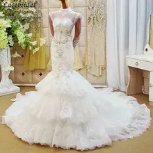 Dubai Luxury Mermaid Lace Tiered Heavy Beaded Crystal Pearls Wedding Dresses 2016 Long Sleeve Bridal Gown vestido de novia XW103