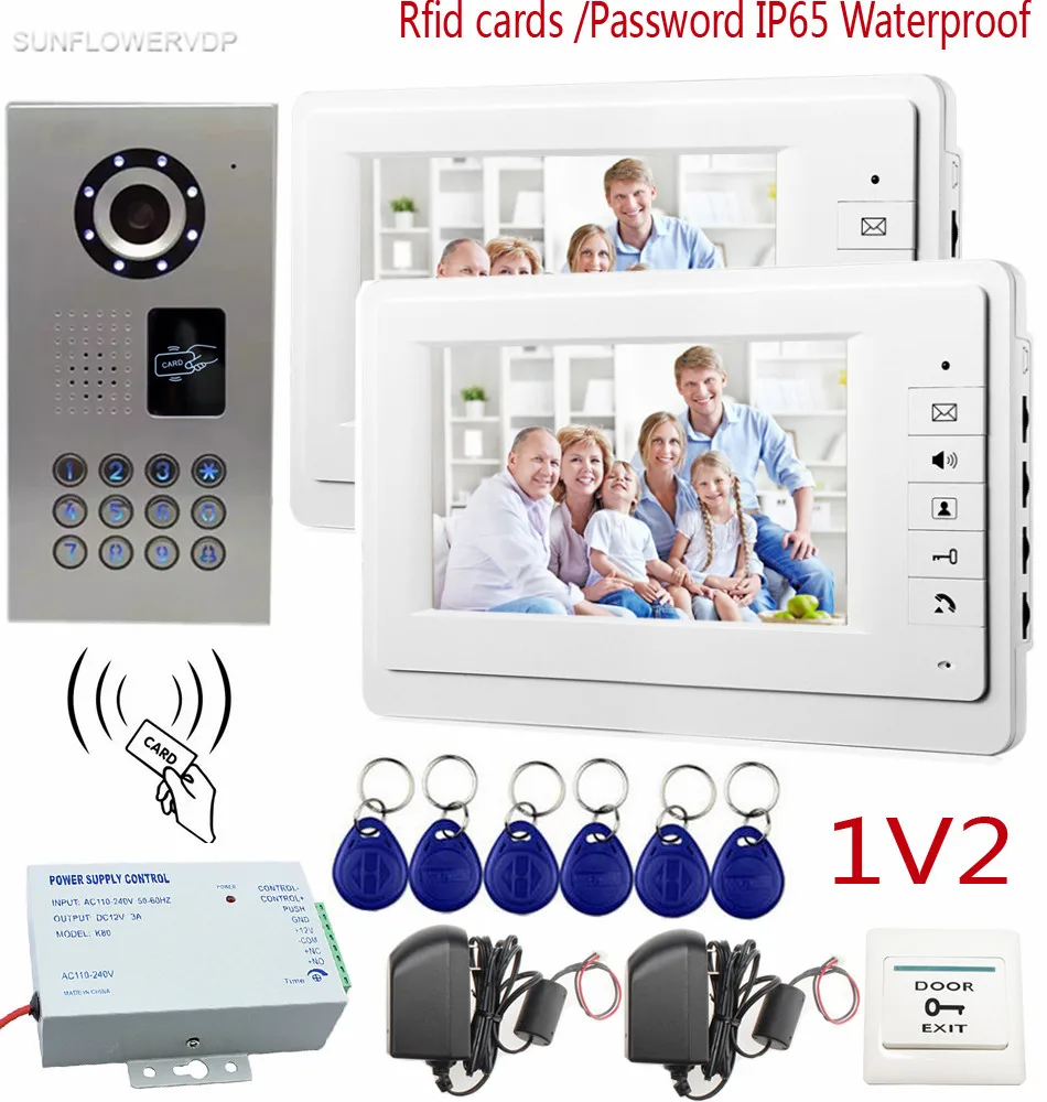 

SUNFLOWERVDP Video Door Phone IP65 Waterproof Rfid Card/Keyboard CCD Camera Video Phone Color 7 inch Monitor 1v2 System Unit