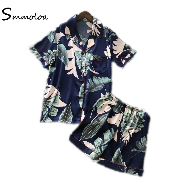 

Smmoloa Summer Women Silk Stain Pajamas Elegant Sexy Sleepwear Pyjamas Shorts Sleeve Pijama