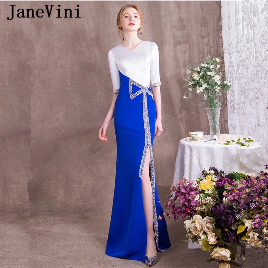 

JaneVini Vestidos Contrast Color Satin Long Mother of The Bride Dresses Sequined Beaded Half Sleeves Women Mermaid Evening Gowns