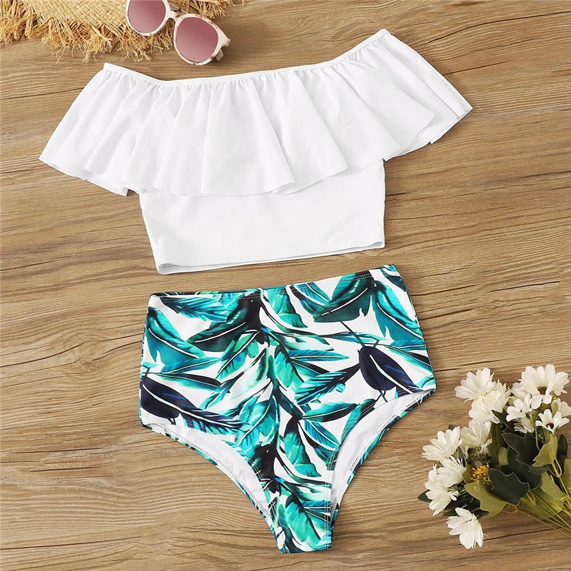 COLROVIE Off the Shoulder Flounce Bardot Top and Random Leaf Print Swimwear Women Bikini Set Swimsuit Boho Bathing Suit