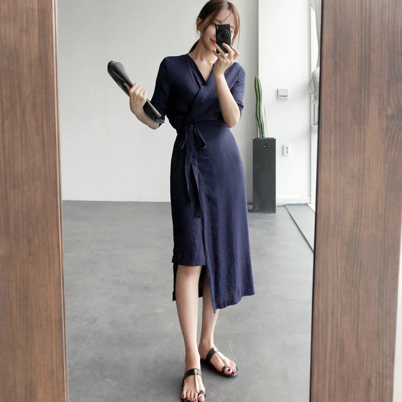 

BGTEEVER Casual Striped Full Sleeve Single-breasted Women Dress Elegant V-neck Lace Up Female Midi Dress Beach Vestidos Femme