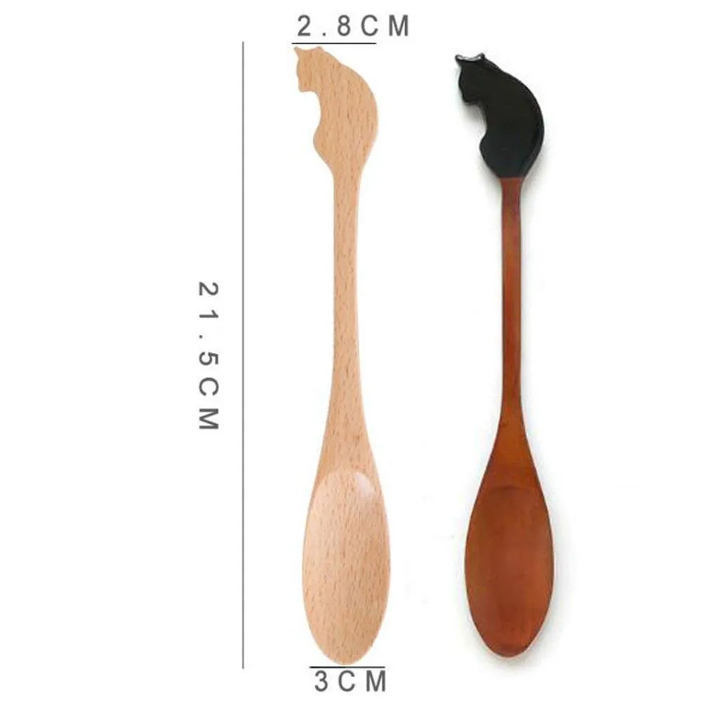 Cute Cat Wood Spoons Wooden Soup Spoon Long Handle Coffee Tea Drink Bar Cocktail Stirrer Mixing Eco Friendly Natural Ellipse Wooden 4 Pieces6