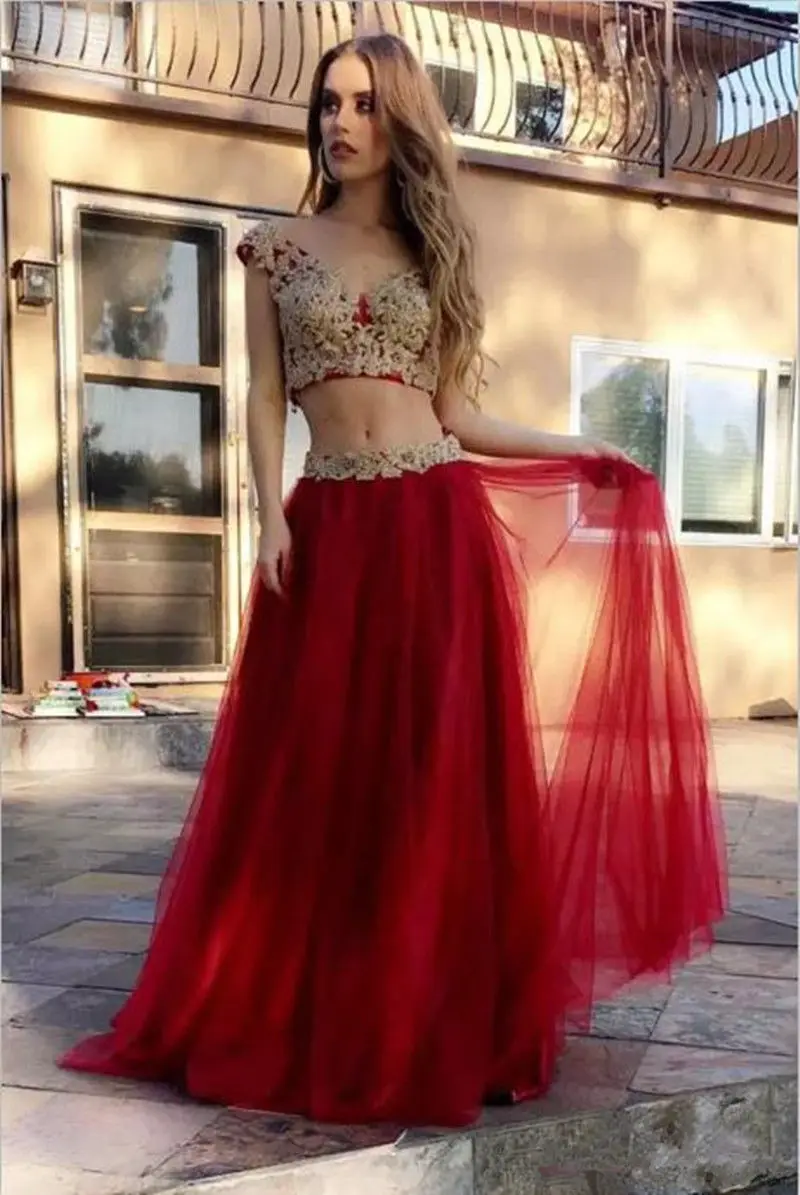 

Appliques Tulle Two Pieces Prom Evening Celebrity Party Gown