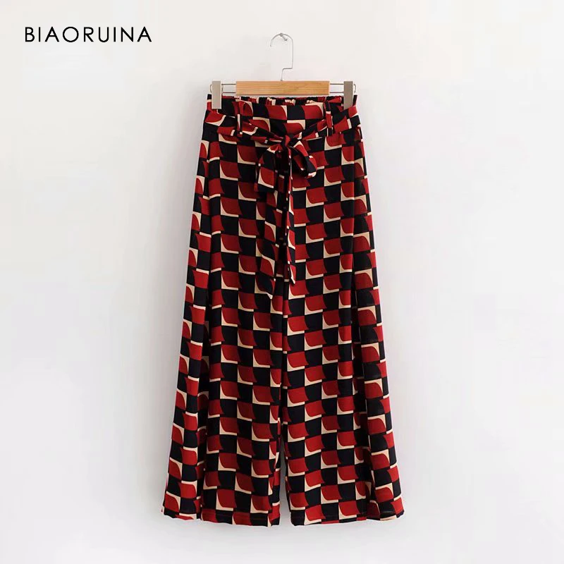 

BIAORUINA Women Casual Plaid Printed Wide Leg Pant Holiday Beach Pant Side Split Women's Fashion High Waist Pant Trousers